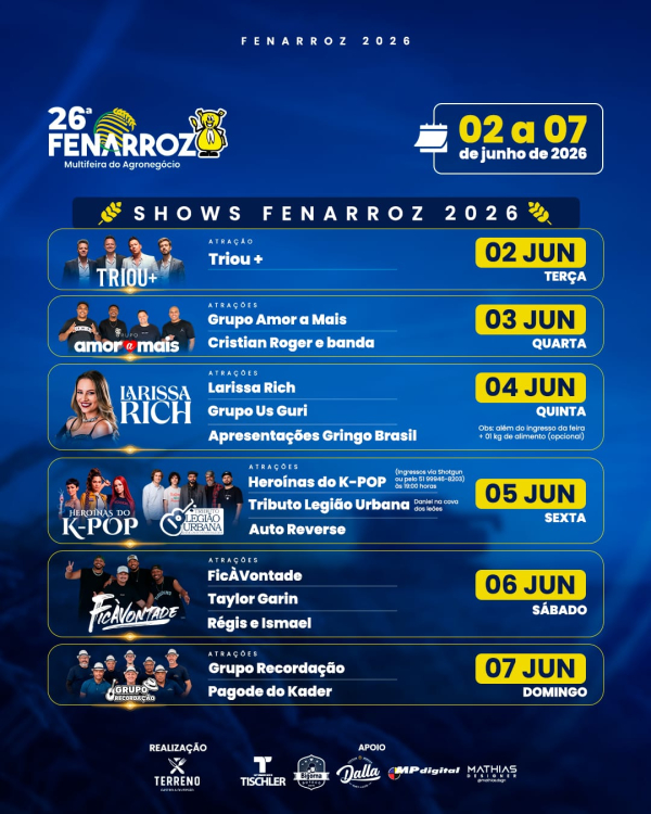 26� Fenarroz 2026 divulga programa��o oficial de shows
